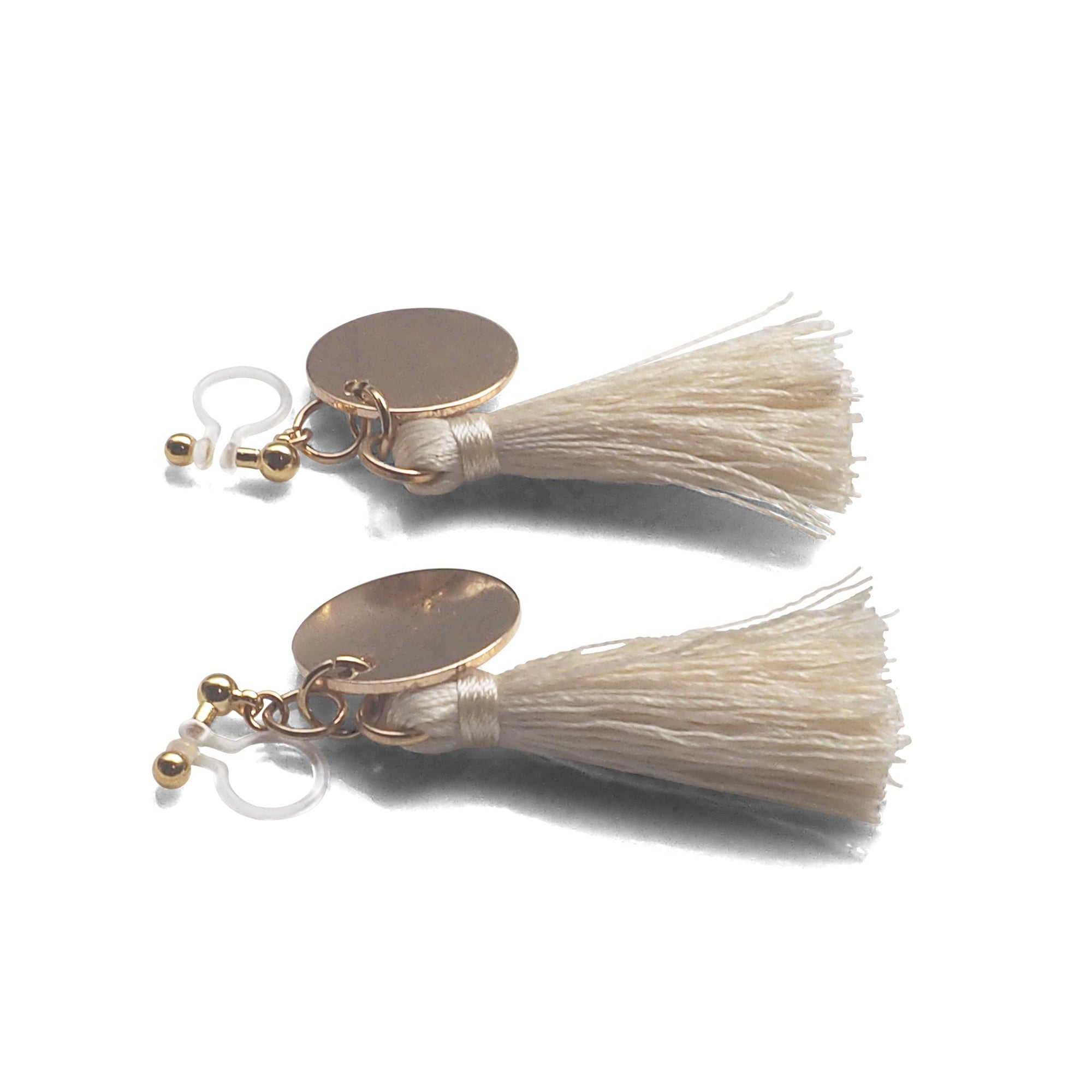 White Tassel with Gold Coin Invisible Clip On Earrings - miyabigracejewelry.com