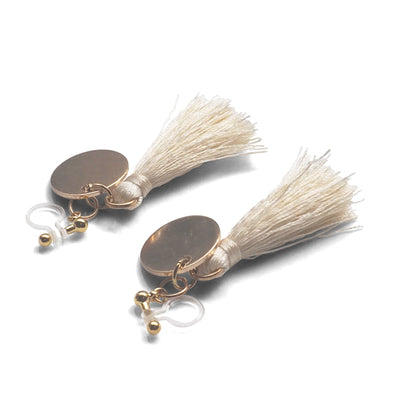White Tassel with Gold Coin Invisible Clip On Earrings - miyabigracejewelry.com