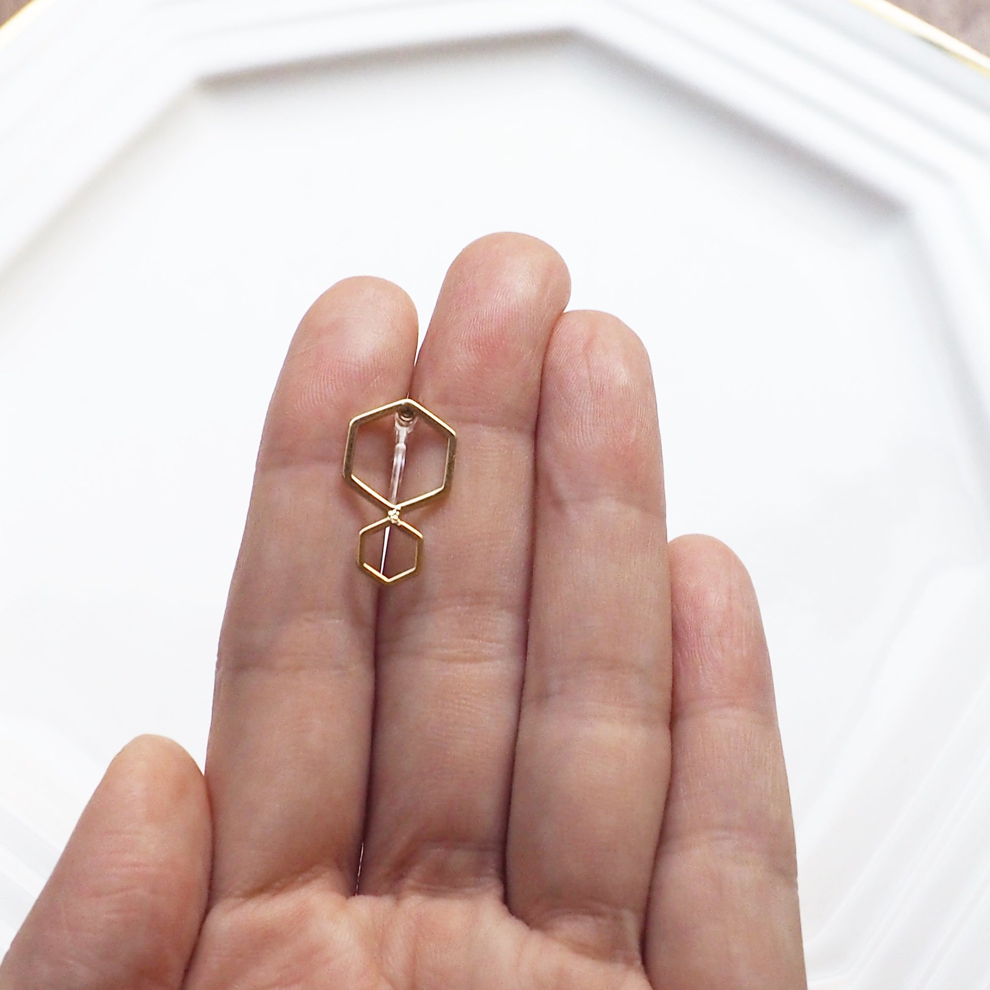 Double hexagon invisible clip on stud earrings ( Gold tone ) - miyabigracejewelry.com
