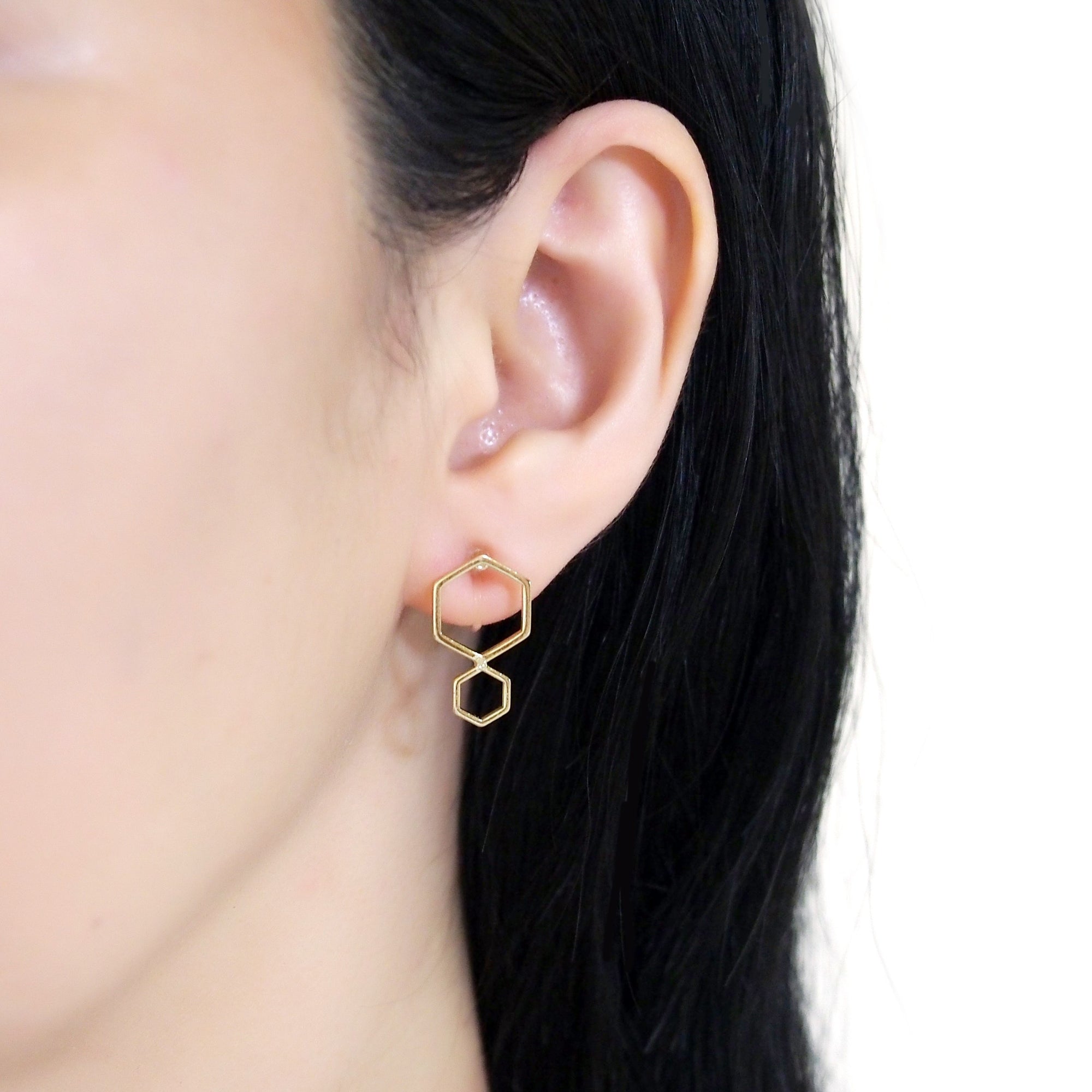 Double hexagon invisible clip on stud earrings ( Gold tone ) - miyabigracejewelry.com