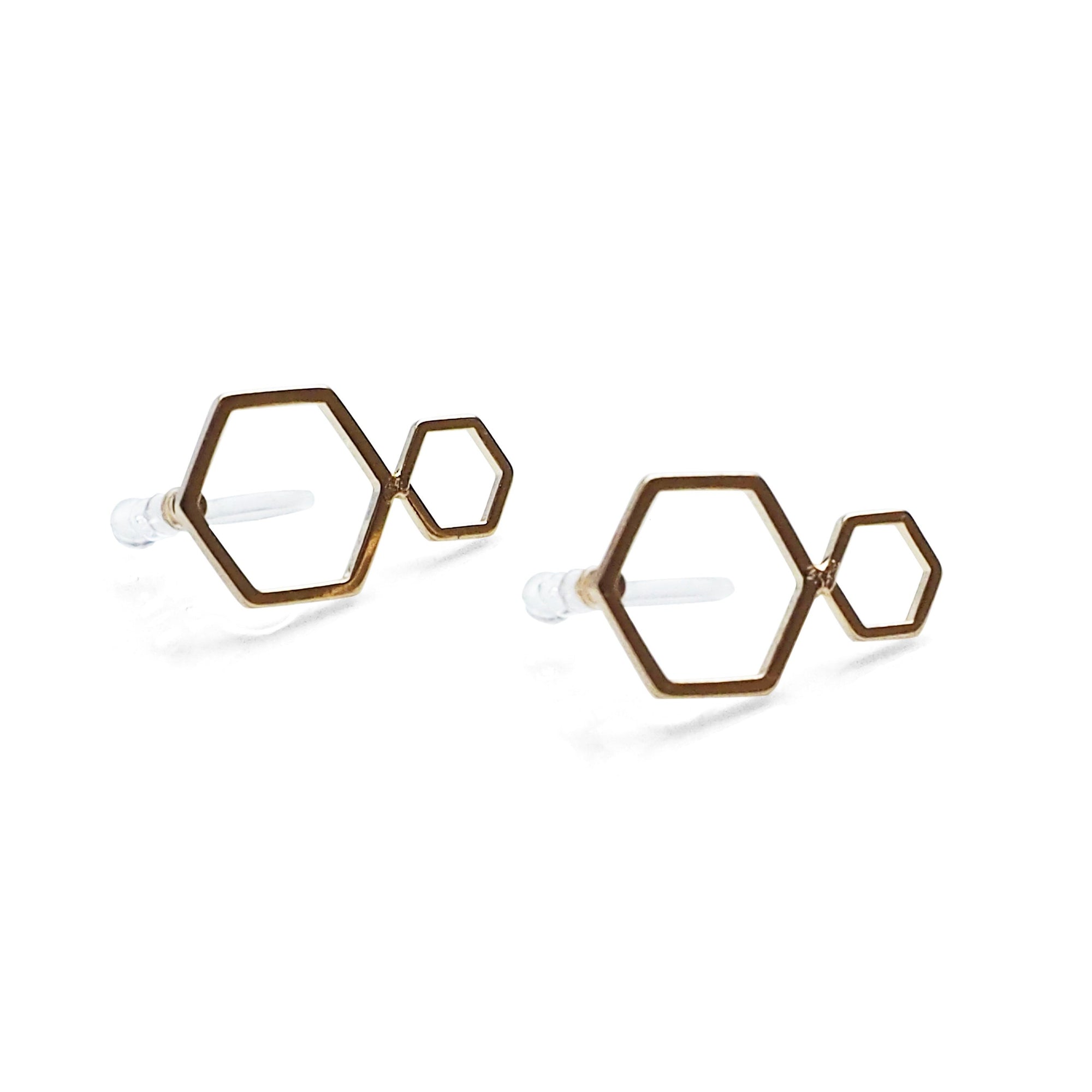 Double hexagon invisible clip on stud earrings ( Gold tone ) - miyabigracejewelry.com