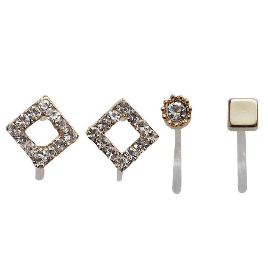 Square Rhinestone and Gold Invisible Clip On Stud Earrings - miyabigracejewelry.com