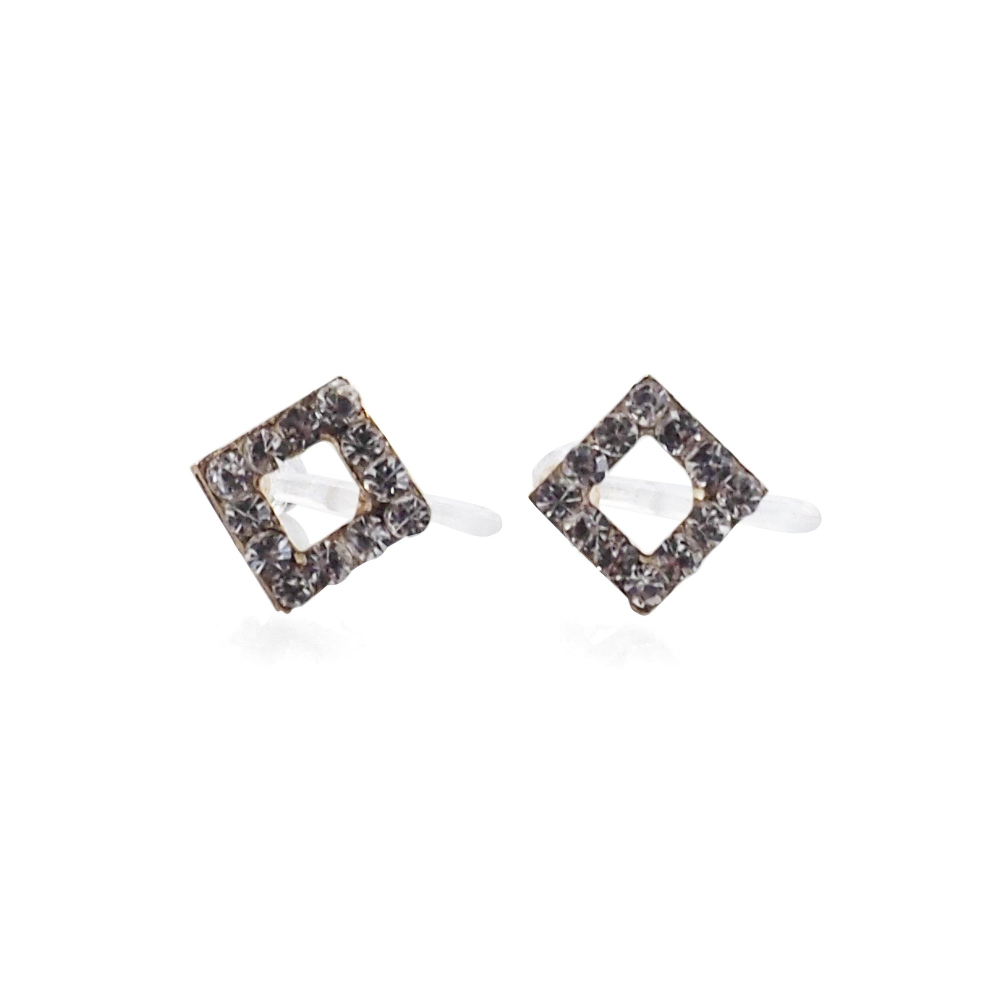 Square Rhinestone and Gold Invisible Clip On Stud Earrings - miyabigracejewelry.com
