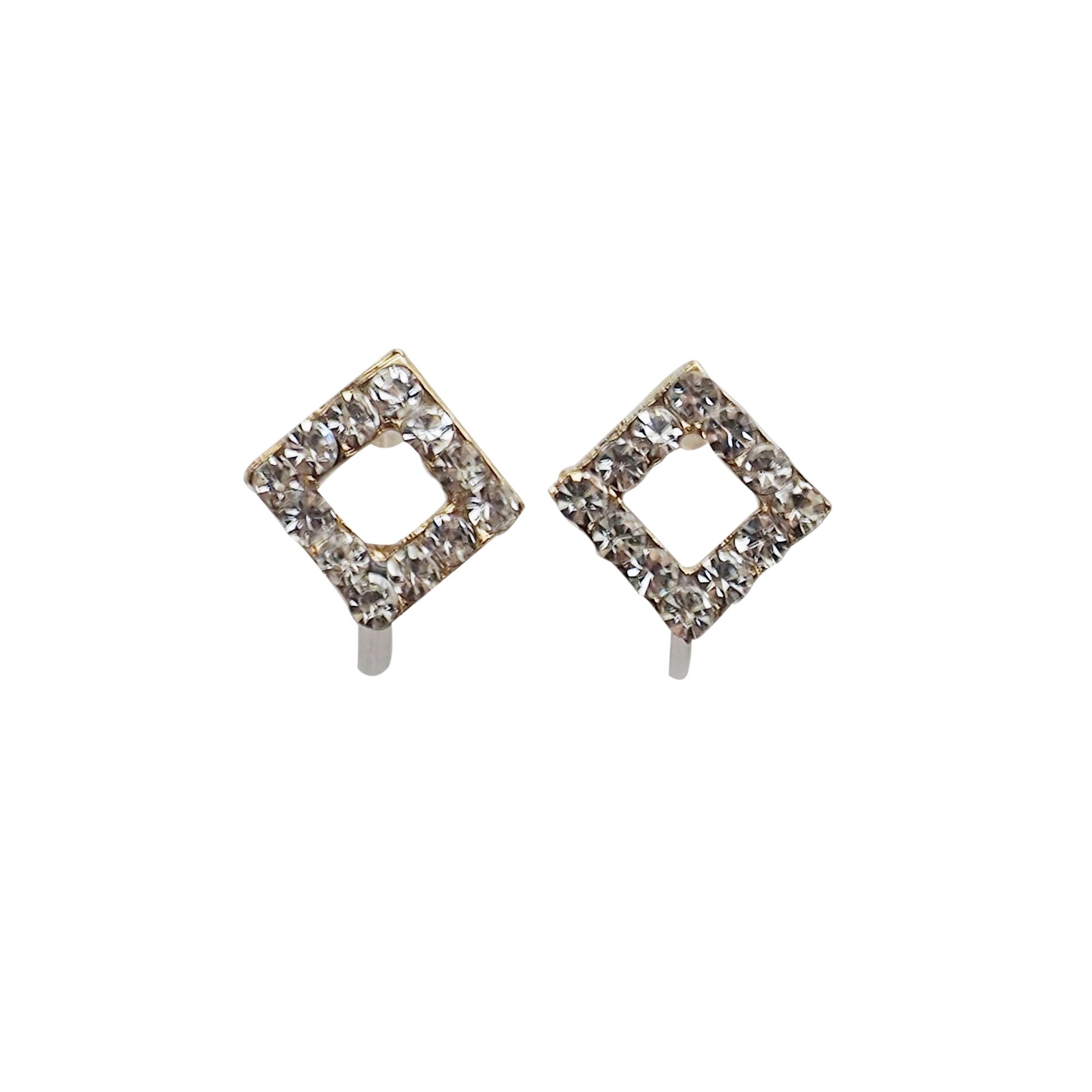Square Rhinestone and Gold Invisible Clip On Stud Earrings - miyabigracejewelry.com