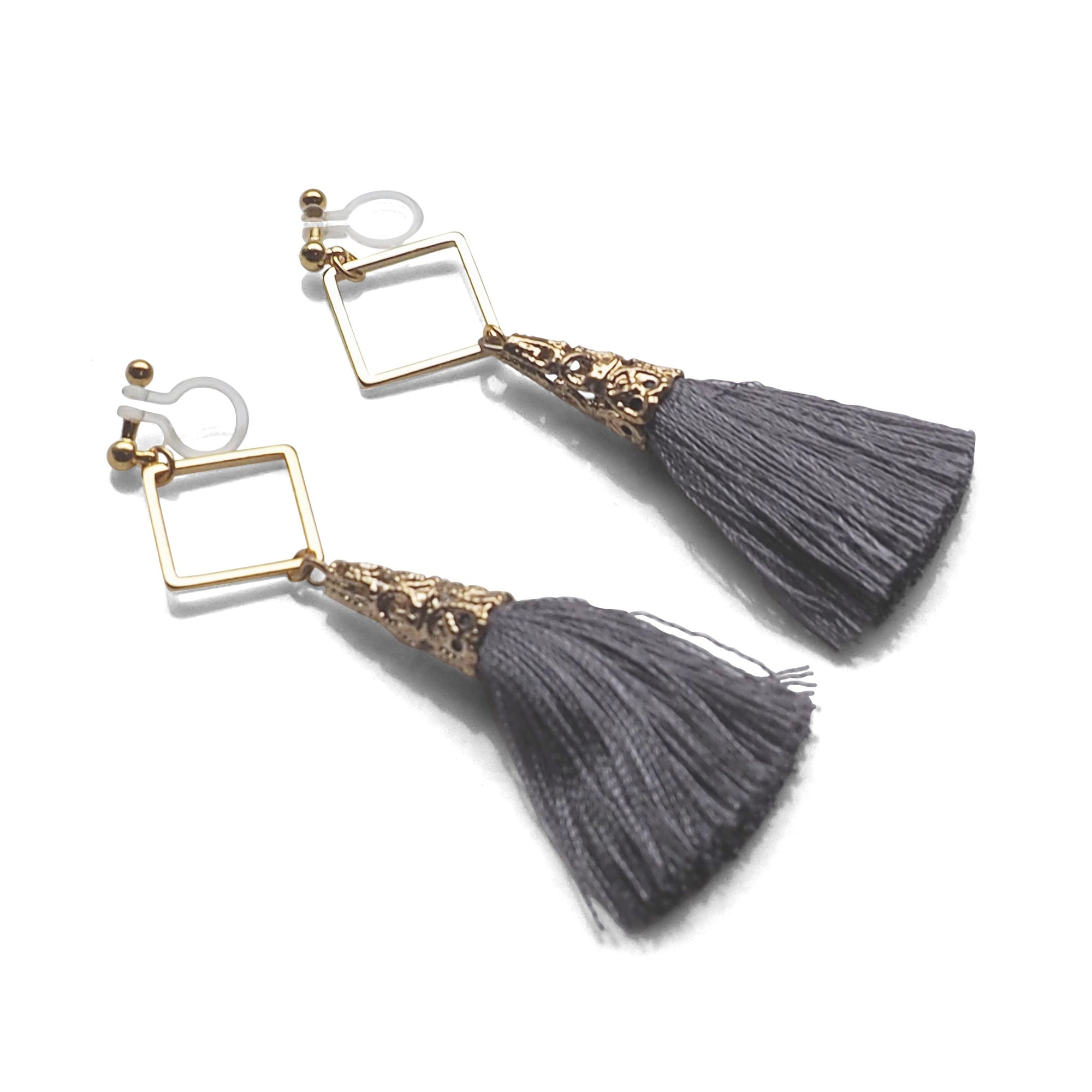 Gold Square Hoop and Gray Tassel Invisible Clip On Earrings - miyabigracejewelry.com