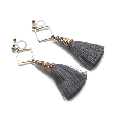 Gold Square Hoop and Gray Tassel Invisible Clip On Earrings - miyabigracejewelry.com