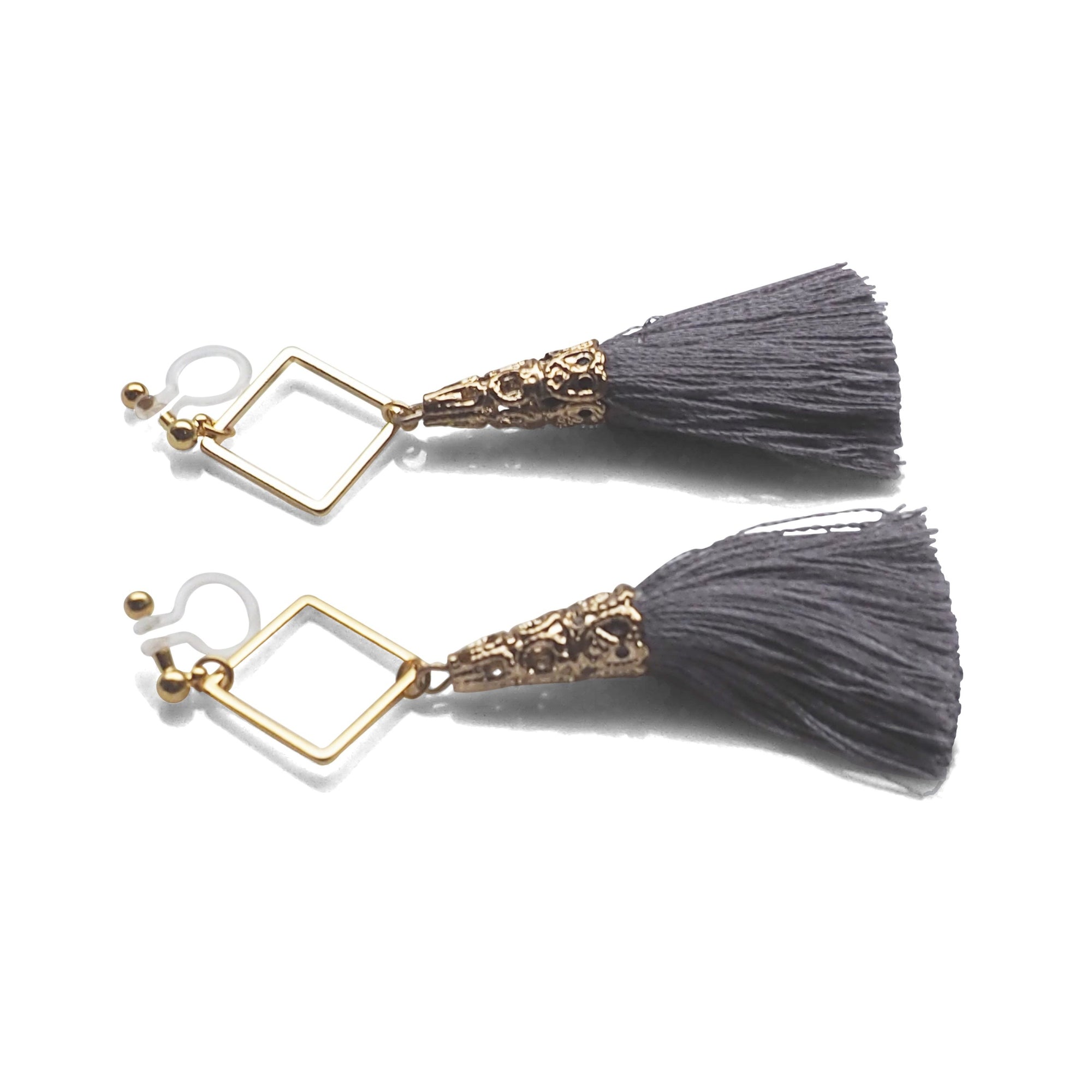Gold Square Hoop and Gray Tassel Invisible Clip On Earrings - miyabigracejewelry.com
