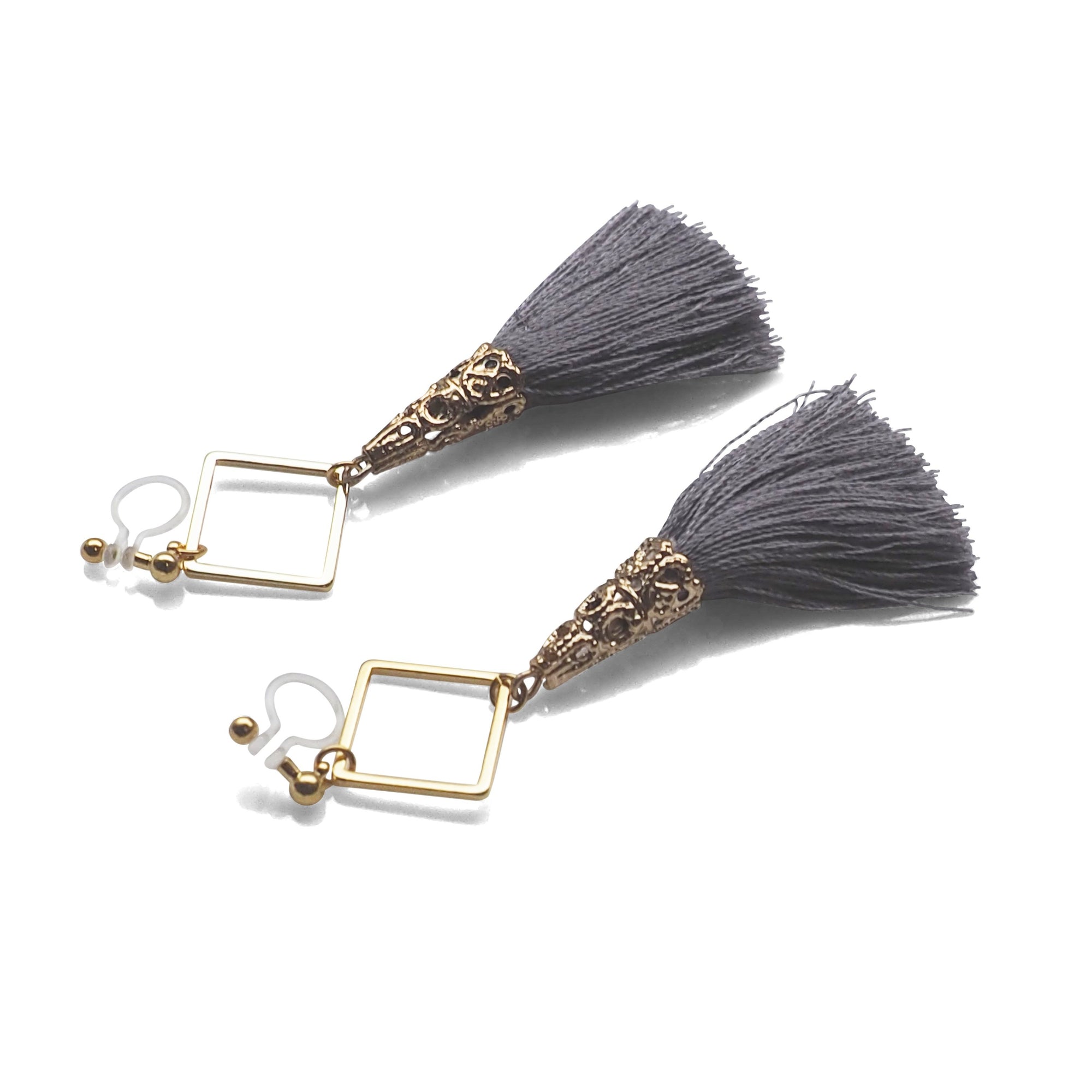 Gold Square Hoop and Gray Tassel Invisible Clip On Earrings - miyabigracejewelry.com