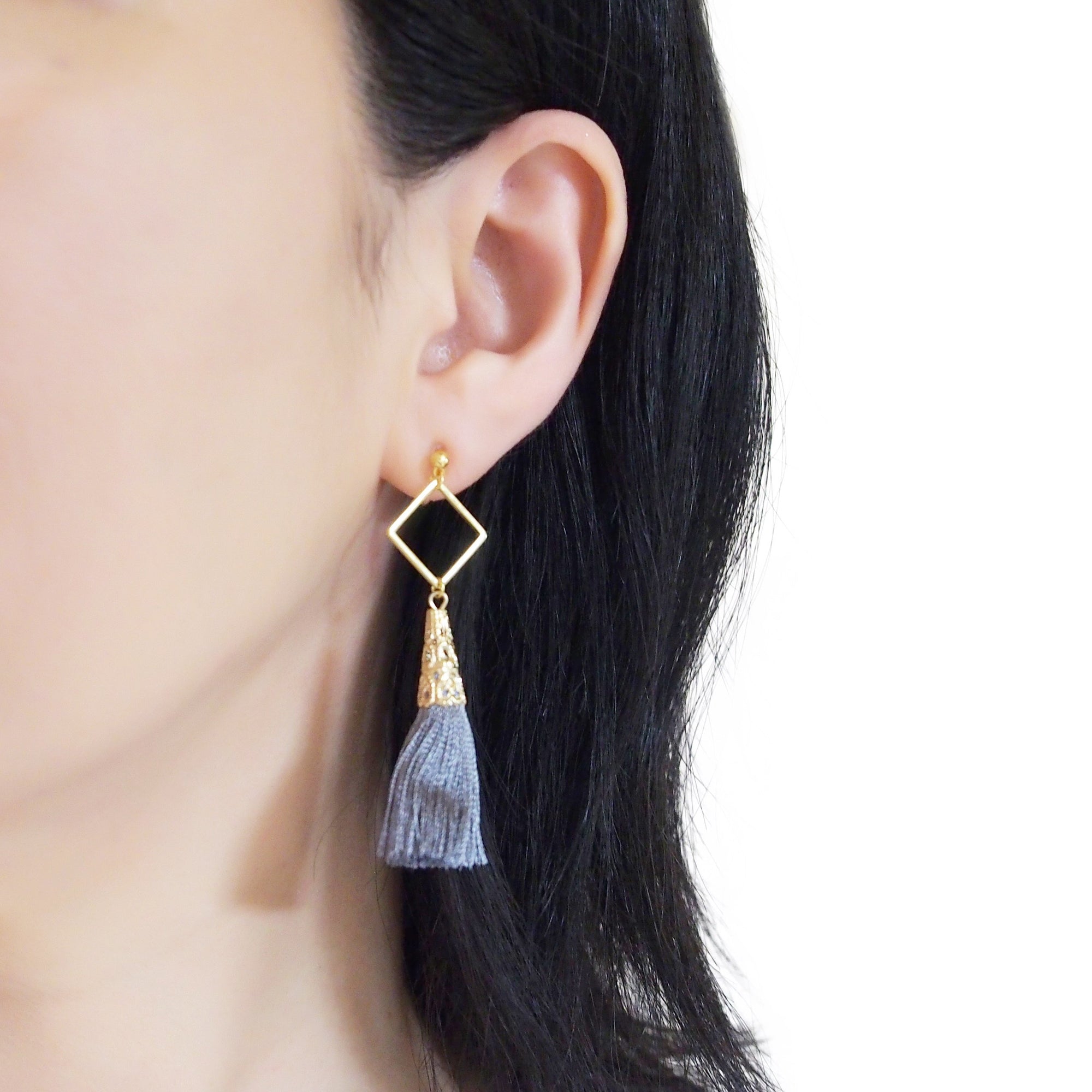 Gold Square Hoop and Gray Tassel Invisible Clip On Earrings - miyabigracejewelry.com