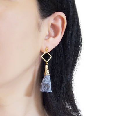 Gold Square Hoop and Gray Tassel Invisible Clip On Earrings - miyabigracejewelry.com