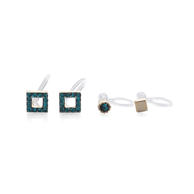 Sky Blue Square Rhinestone and Gold Invisible Clip On Stud Earrings - miyabigracejewelry.com