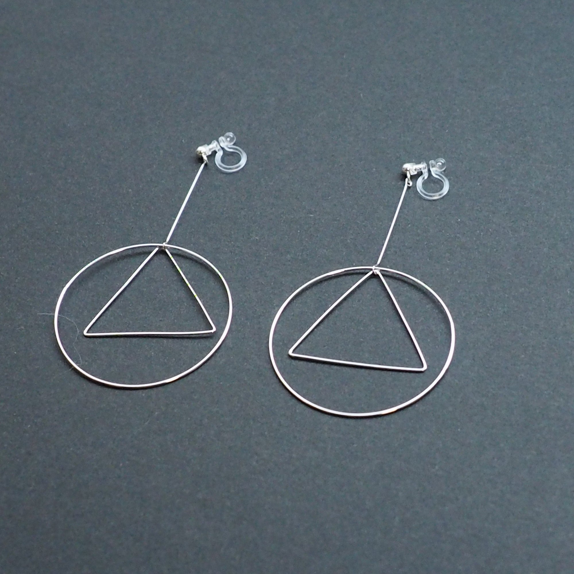 Dangle Silver Geometric Hoop Invisible Clip On Earrings - Miyabi Grace