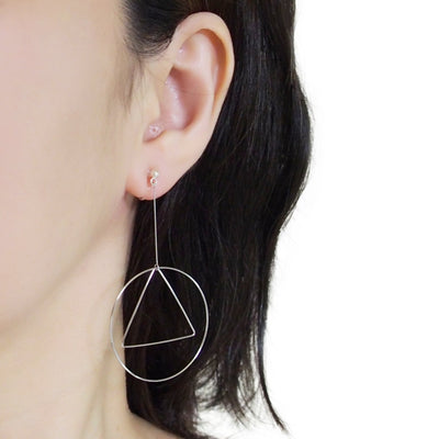 Dangle Silver Geometric Hoop Invisible Clip On Earrings - Miyabi Grace