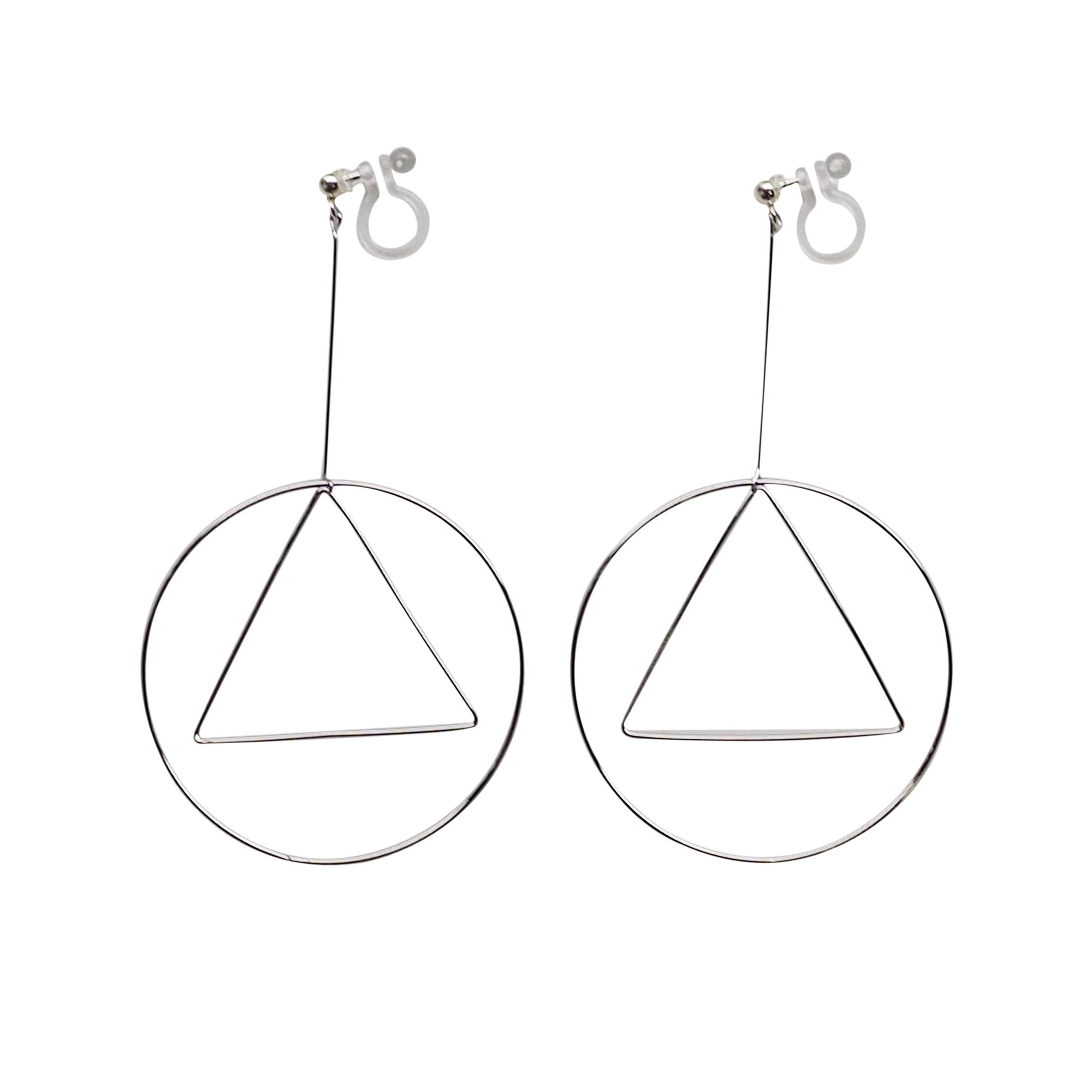 Dangle Silver Geometric Hoop Invisible Clip On Earrings - Miyabi Grace