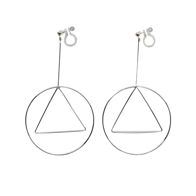 Dangle Silver Geometric Hoop Invisible Clip On Earrings - Miyabi Grace