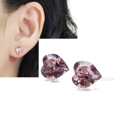 Light amethyst Swarovski crystal heart invisible clip on stud earrings - miyabigracejewelry.com
