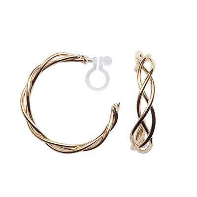 Gold Woven Invisible Clip On Hoop Earrings - Miyabi Grace