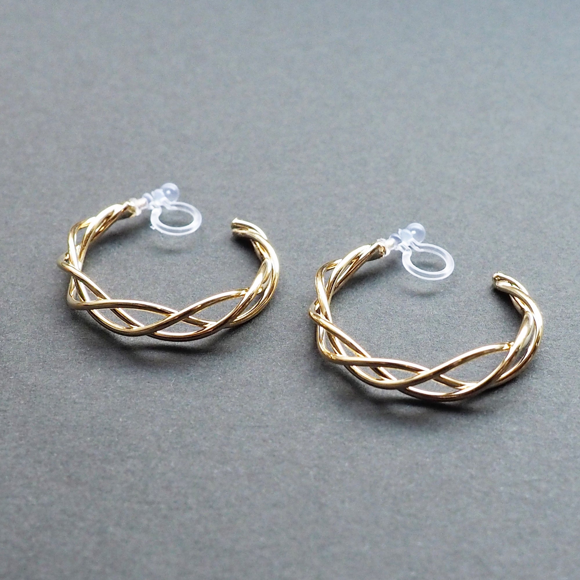 Gold Woven Invisible Clip On Hoop Earrings - Miyabi Grace