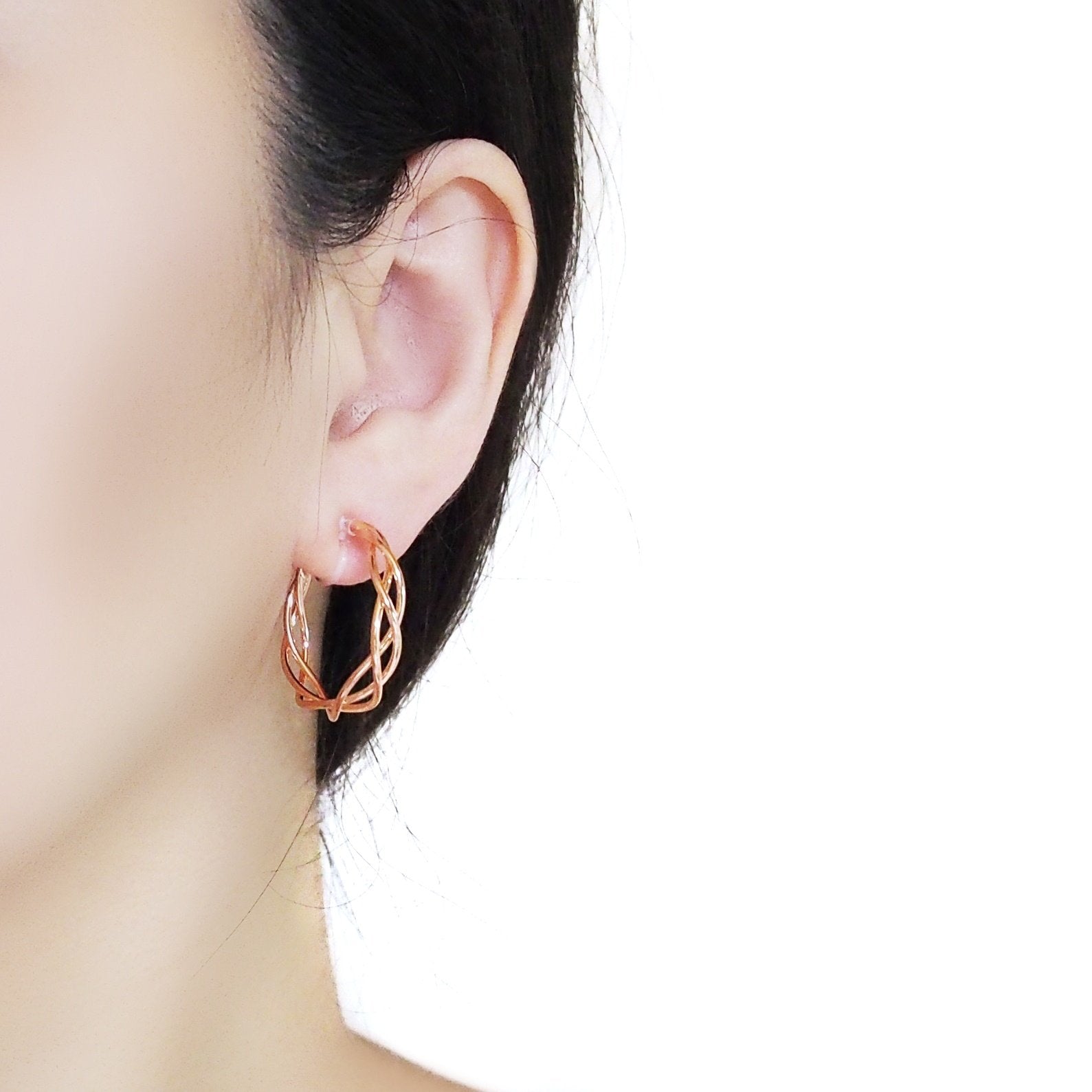Rose Gold Woven Invisible Clip On Hoop Earrings - Miyabi Grace
