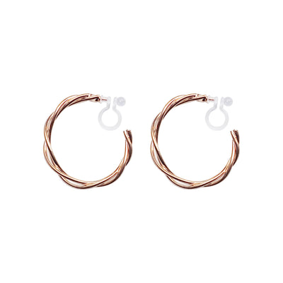 Rose Gold Woven Invisible Clip On Hoop Earrings - Miyabi Grace