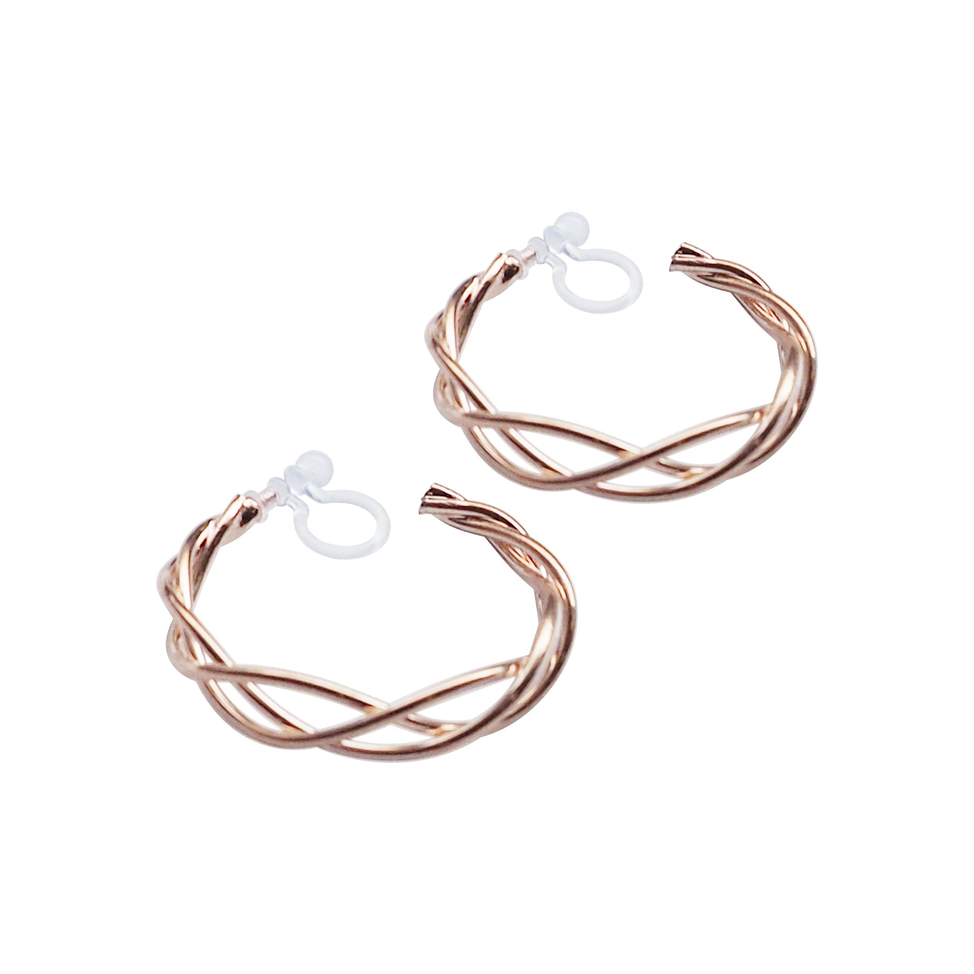 Rose Gold Woven Invisible Clip On Hoop Earrings - Miyabi Grace