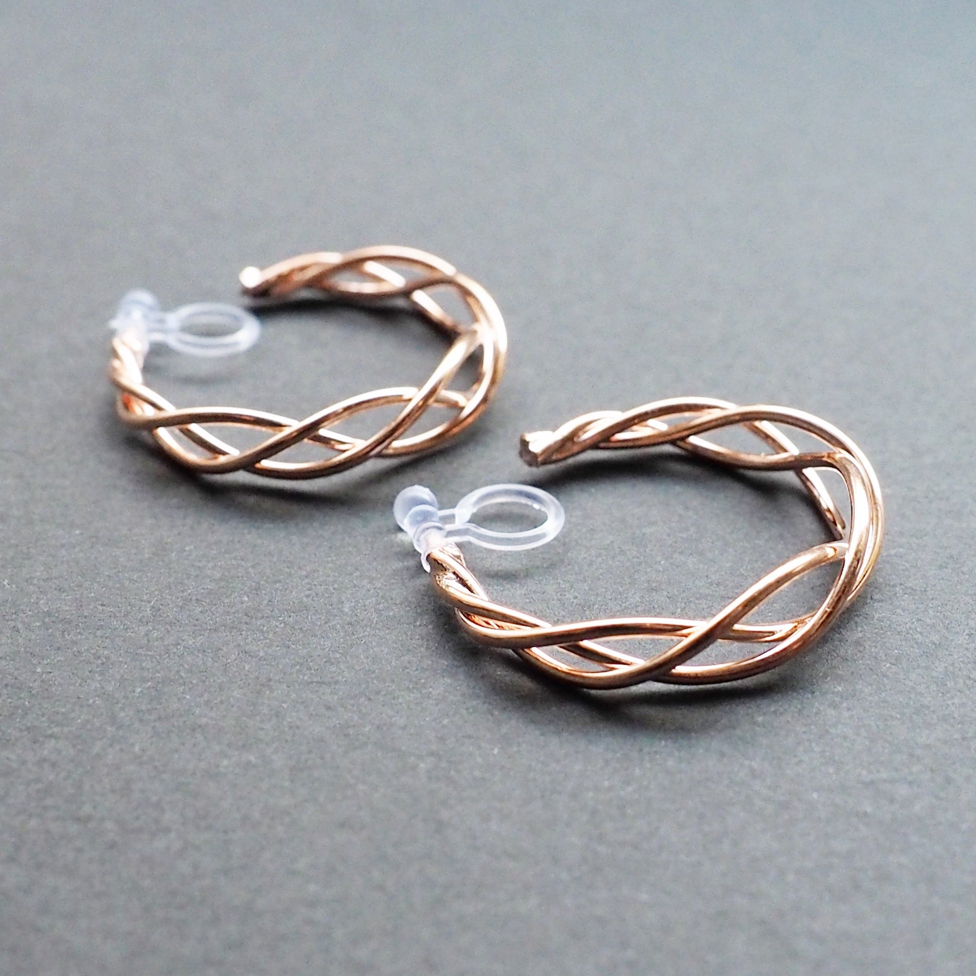 Rose Gold Woven Invisible Clip On Hoop Earrings - Miyabi Grace