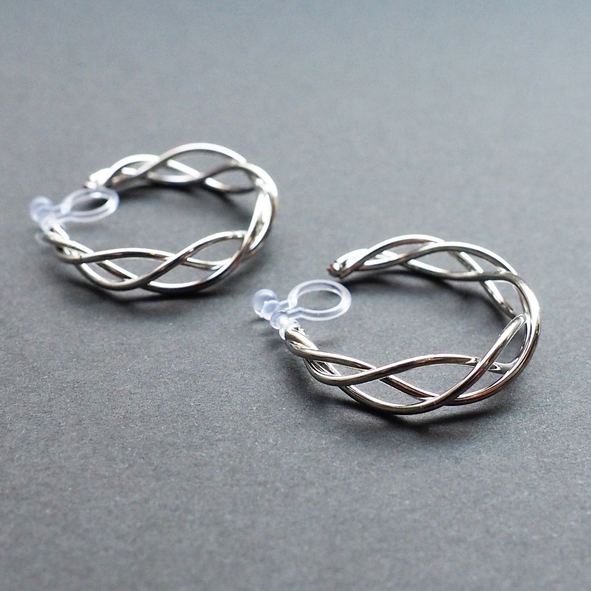 Silver Woven Invisible Clip On Hoop Earrings - Miyabi Grace