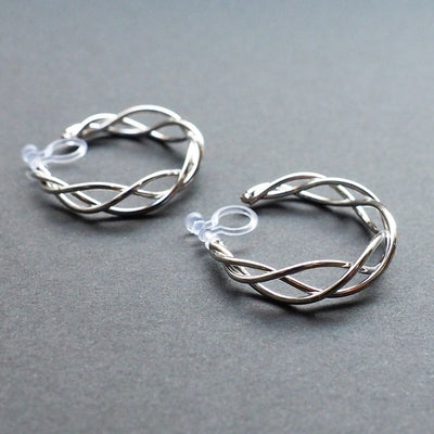 Silver Woven Invisible Clip On Hoop Earrings - Miyabi Grace
