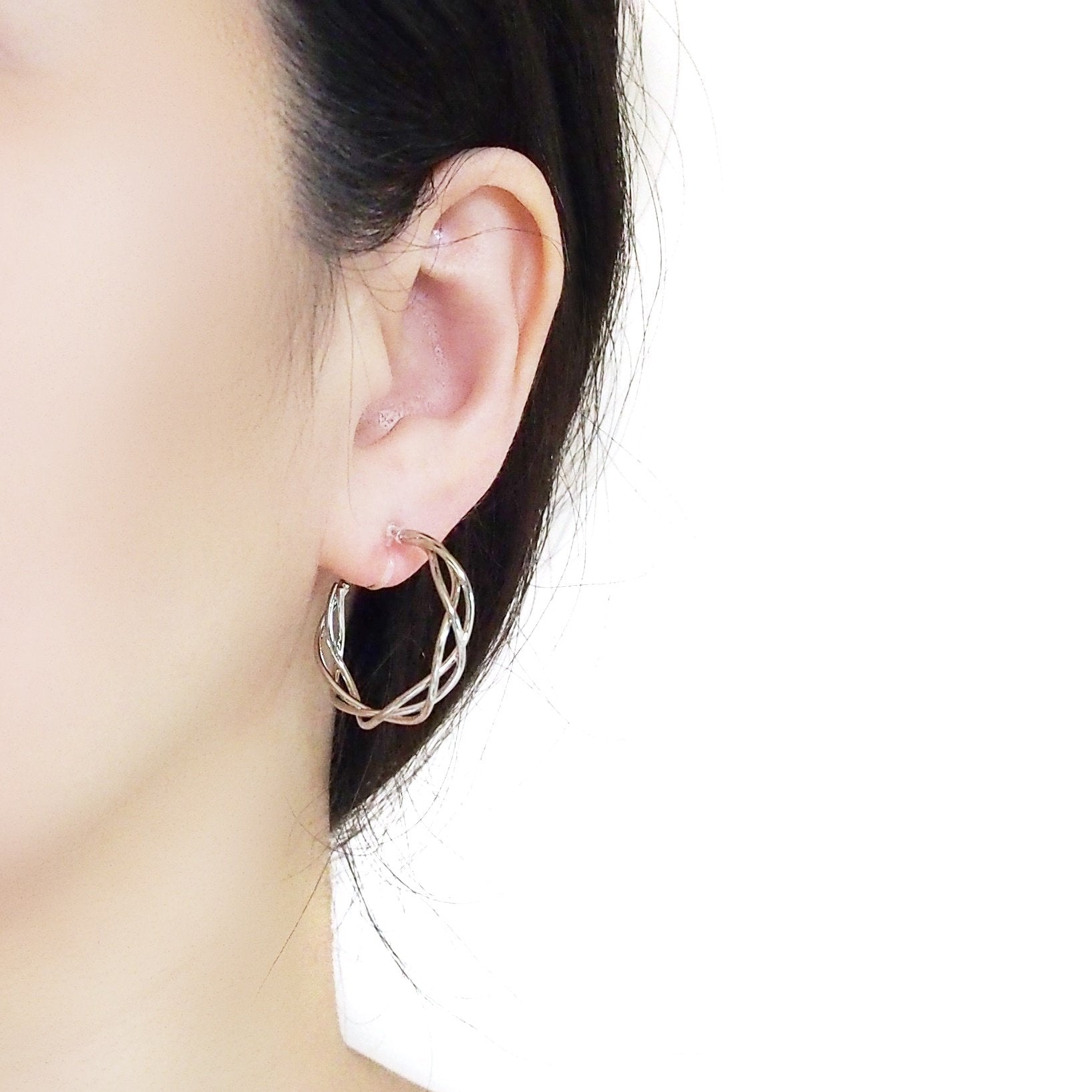 Silver Woven Invisible Clip On Hoop Earrings - Miyabi Grace