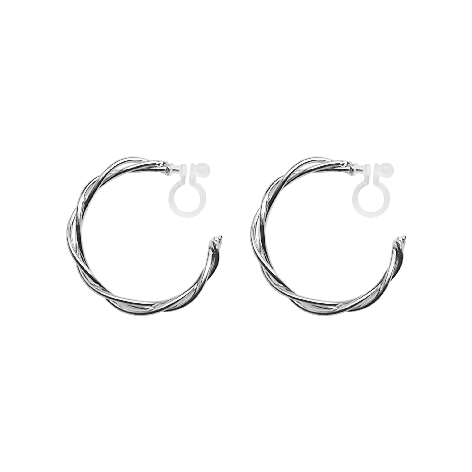 Silver Woven Invisible Clip On Hoop Earrings - Miyabi Grace