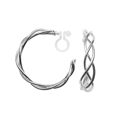 Silver Woven Invisible Clip On Hoop Earrings - Miyabi Grace