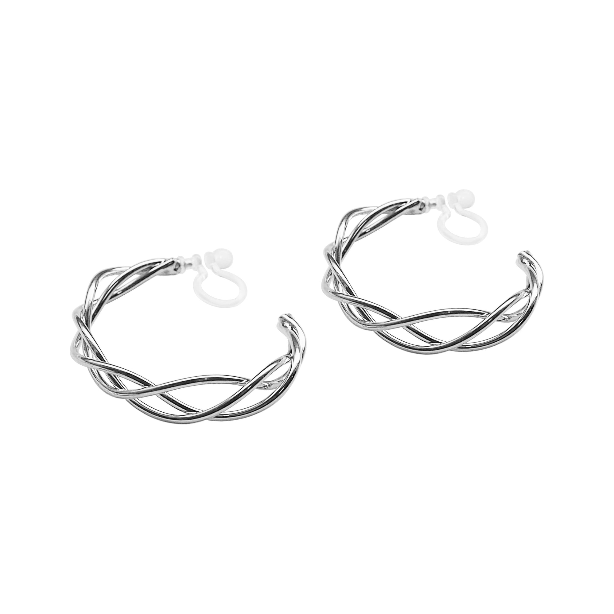 Silver Woven Invisible Clip On Hoop Earrings - Miyabi Grace