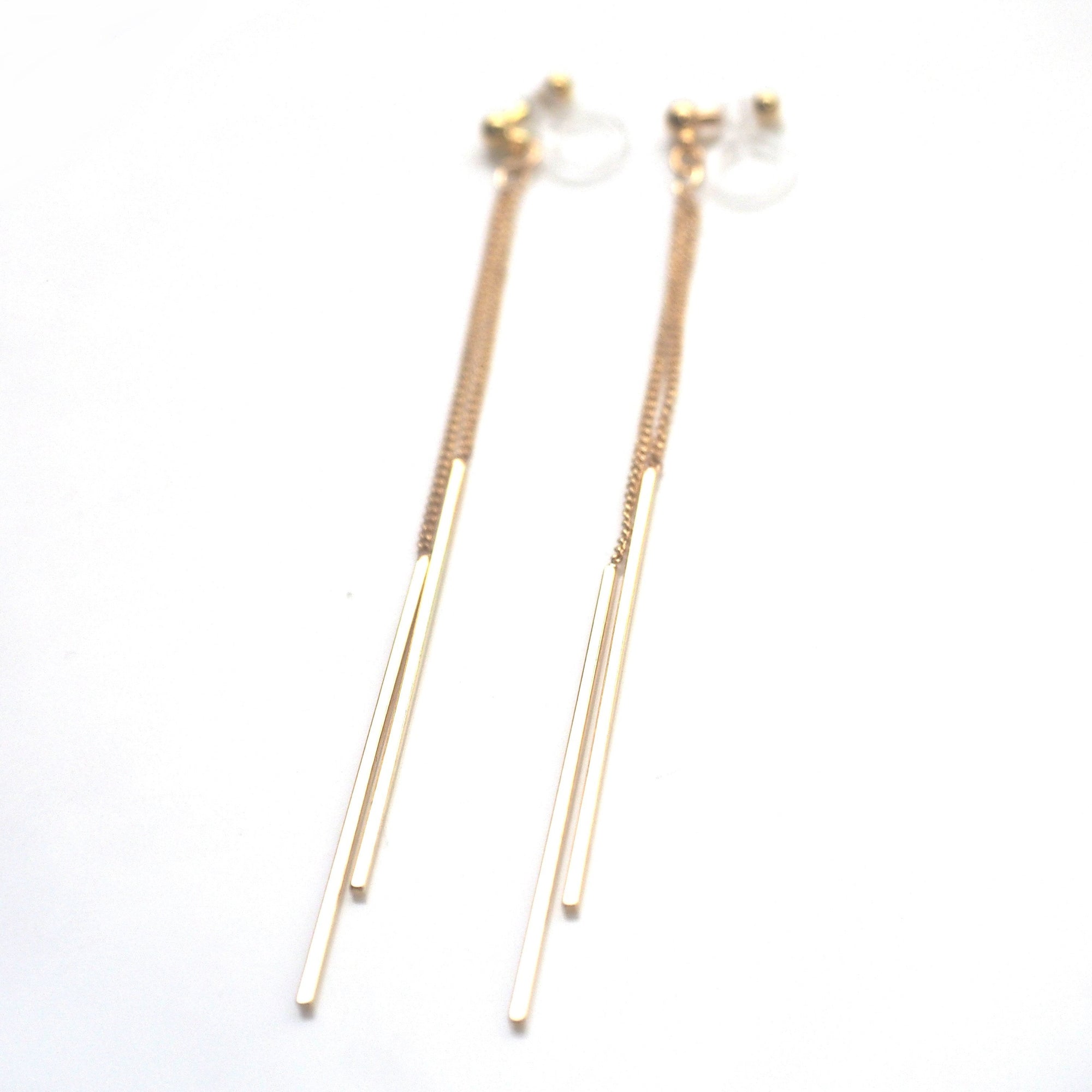 Long gold bar invisible clip on earrings - miyabigracejewelry.com