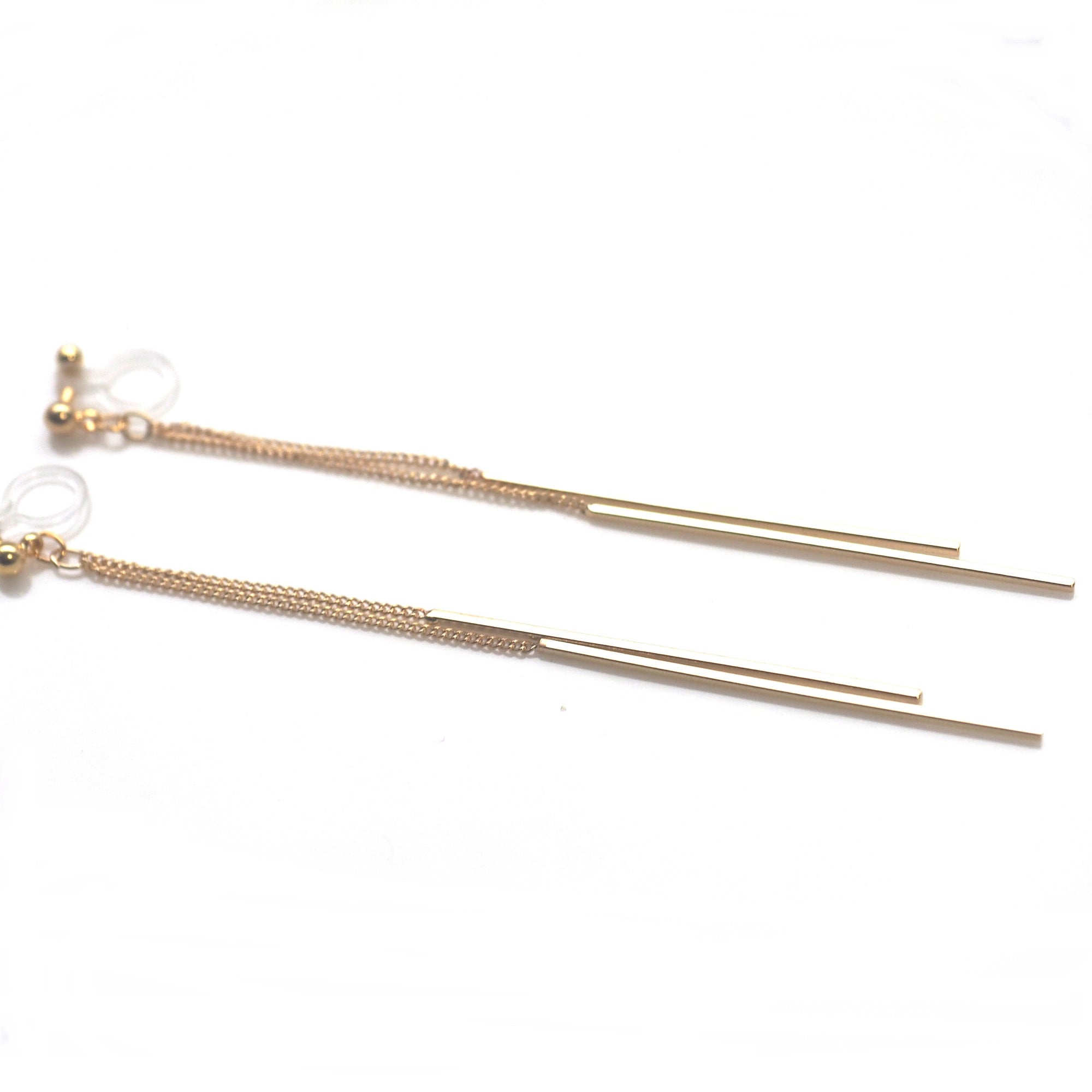 Long gold bar invisible clip on earrings - miyabigracejewelry.com