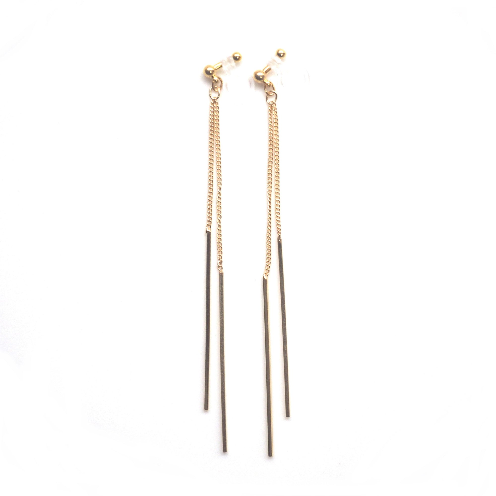 Long gold bar invisible clip on earrings - miyabigracejewelry.com