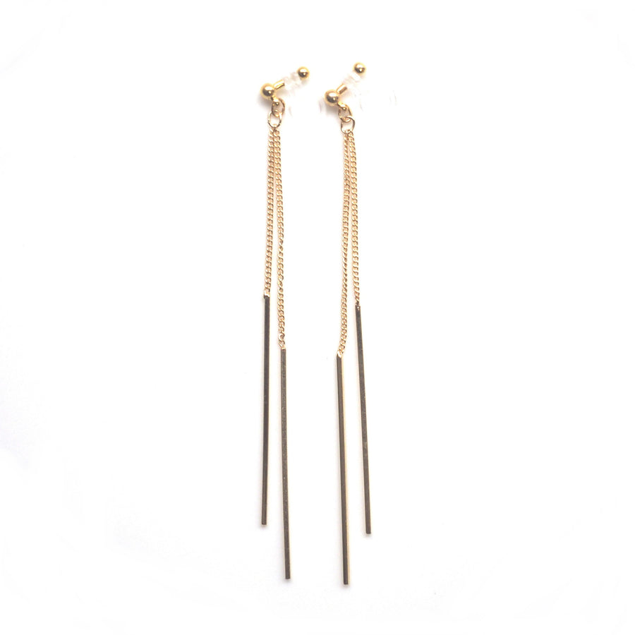 Long gold bar invisible clip on earrings - miyabigracejewelry.com