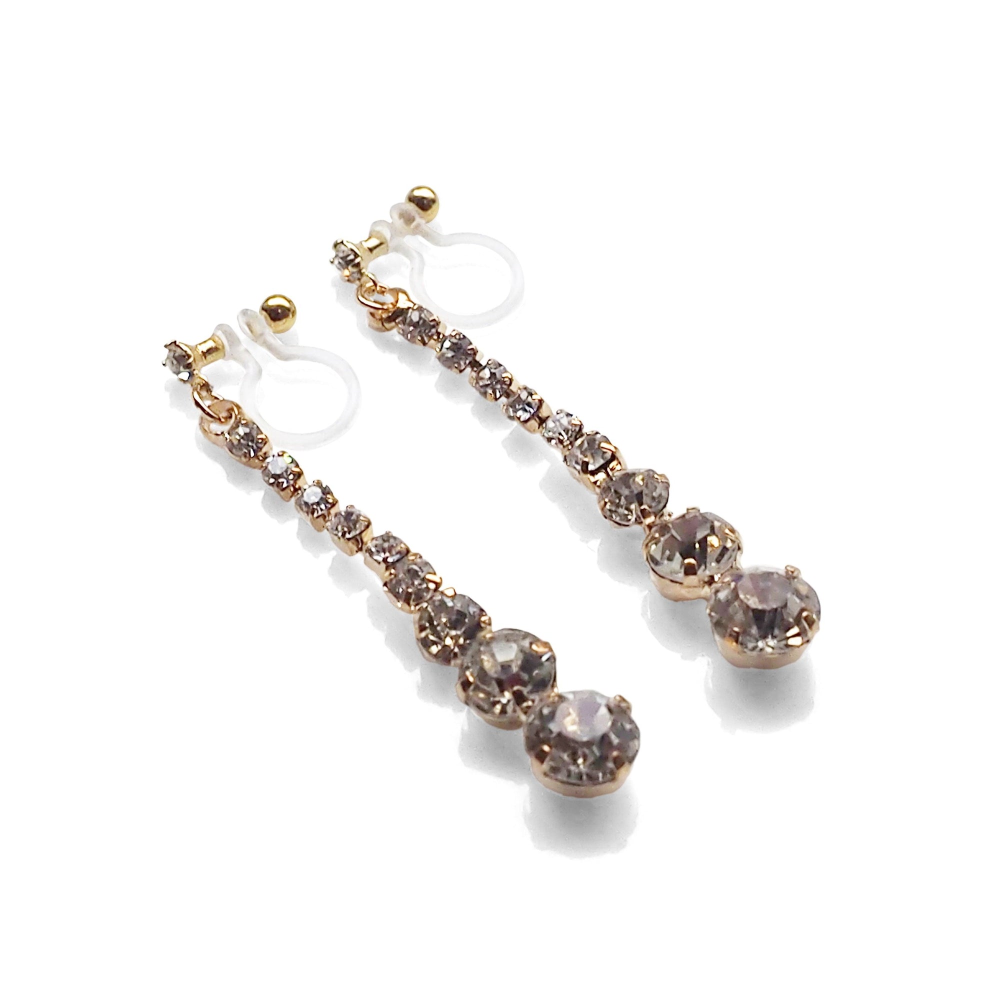 Bridal long rhinestone crystal invisible clip on earrings ( gold tone ) - miyabigracejewelry.com