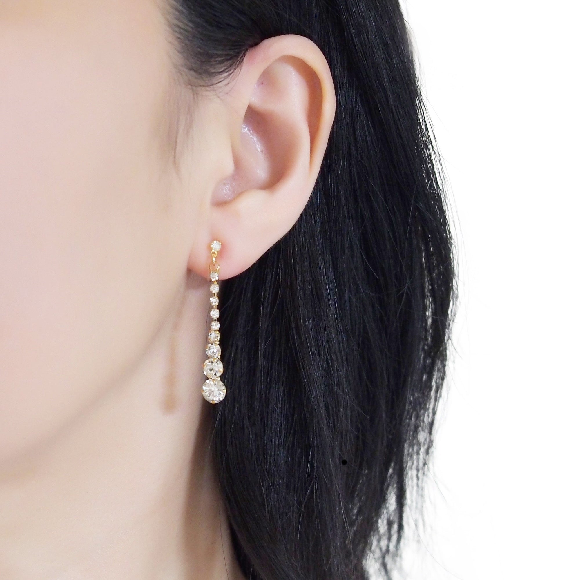 Bridal long rhinestone crystal invisible clip on earrings ( gold tone ) - miyabigracejewelry.com
