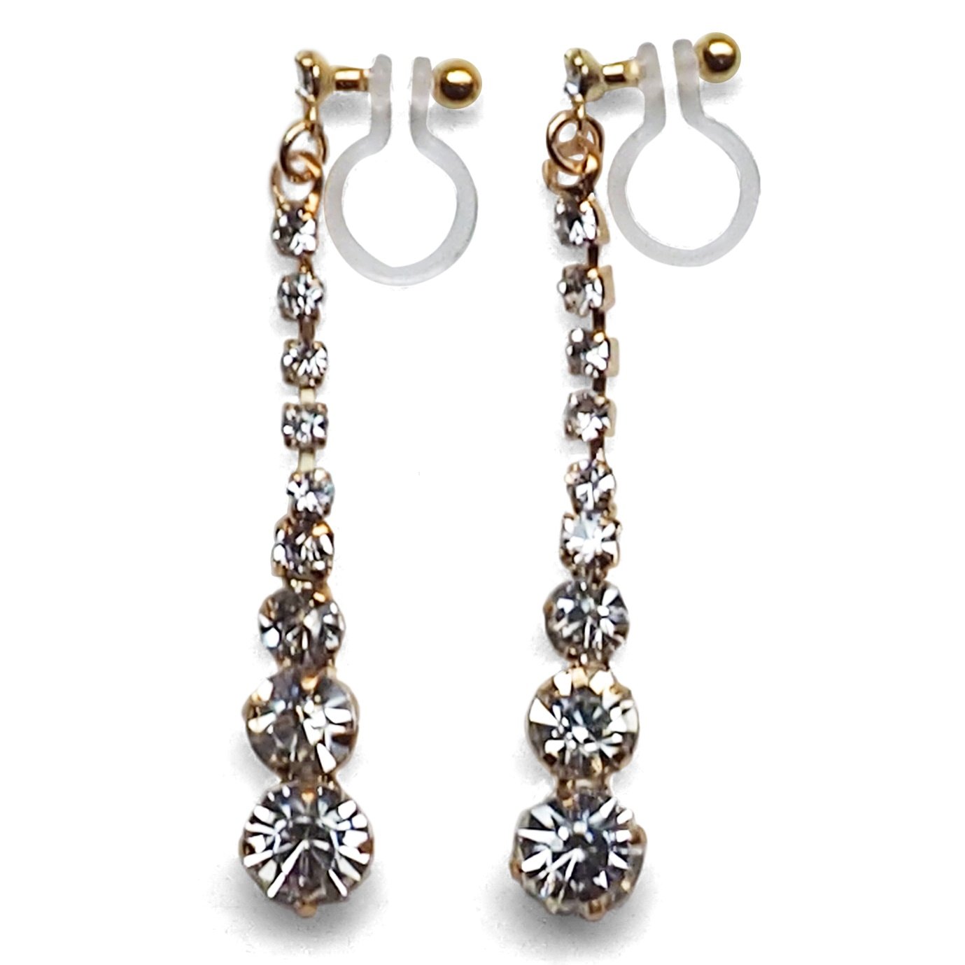 Bridal long rhinestone crystal invisible clip on earrings ( gold tone ) - miyabigracejewelry.com