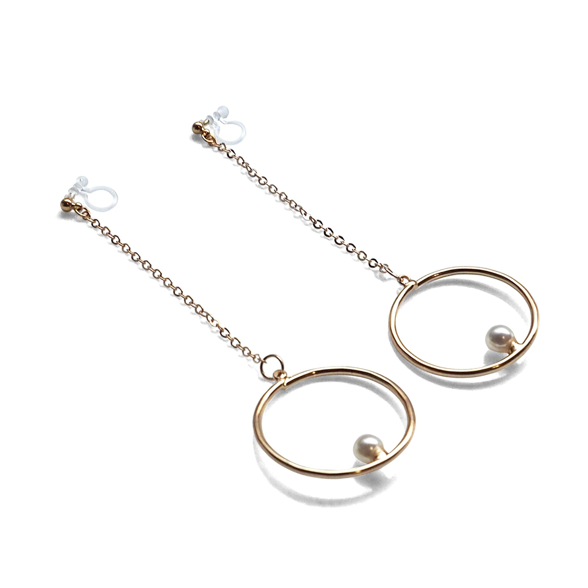 Dangle pearl on hoop invisible clip on earrings (gold tone) - miyabigracejewelry.com