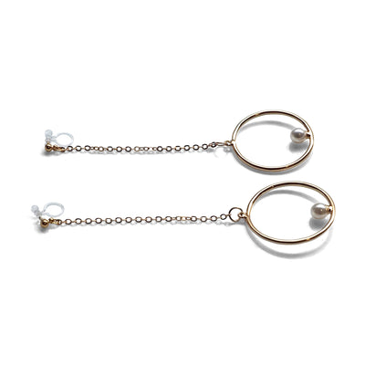 Dangle pearl on hoop invisible clip on earrings (gold tone) - miyabigracejewelry.com