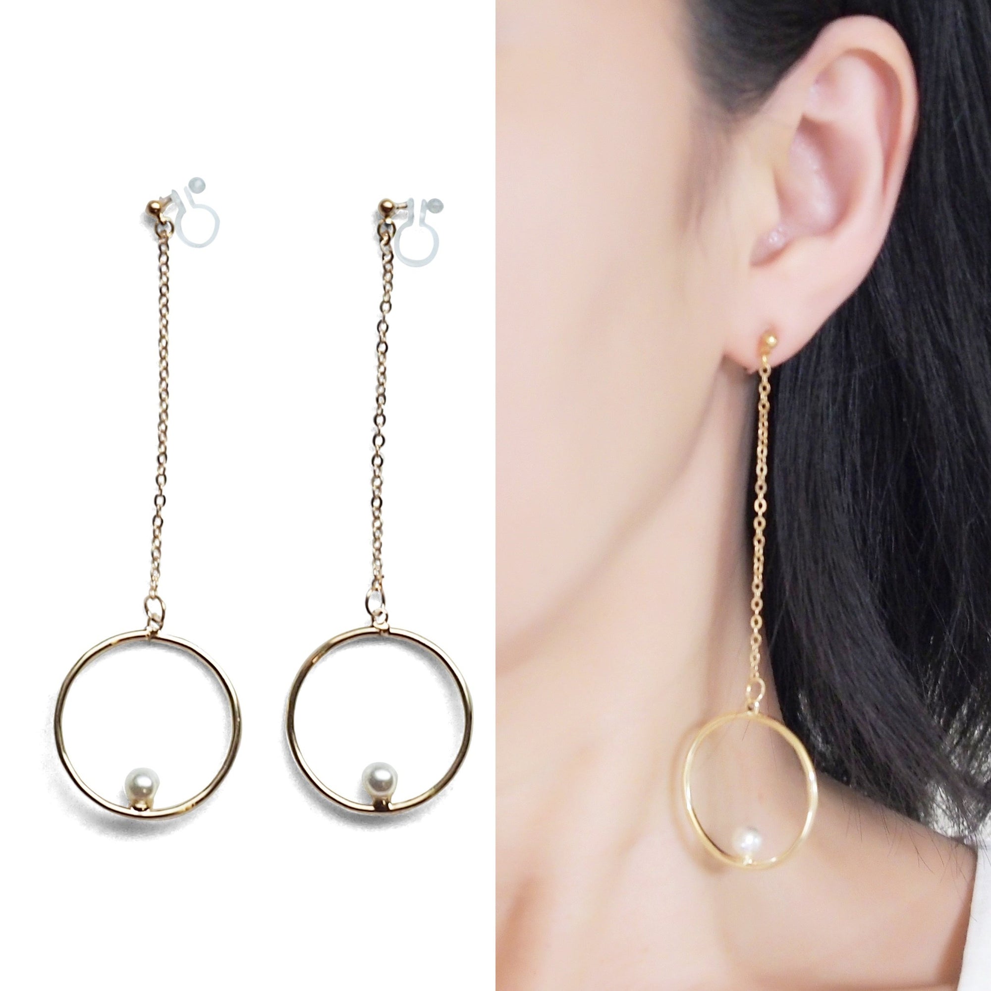 Dangle pearl on hoop invisible clip on earrings (gold tone) - miyabigracejewelry.com