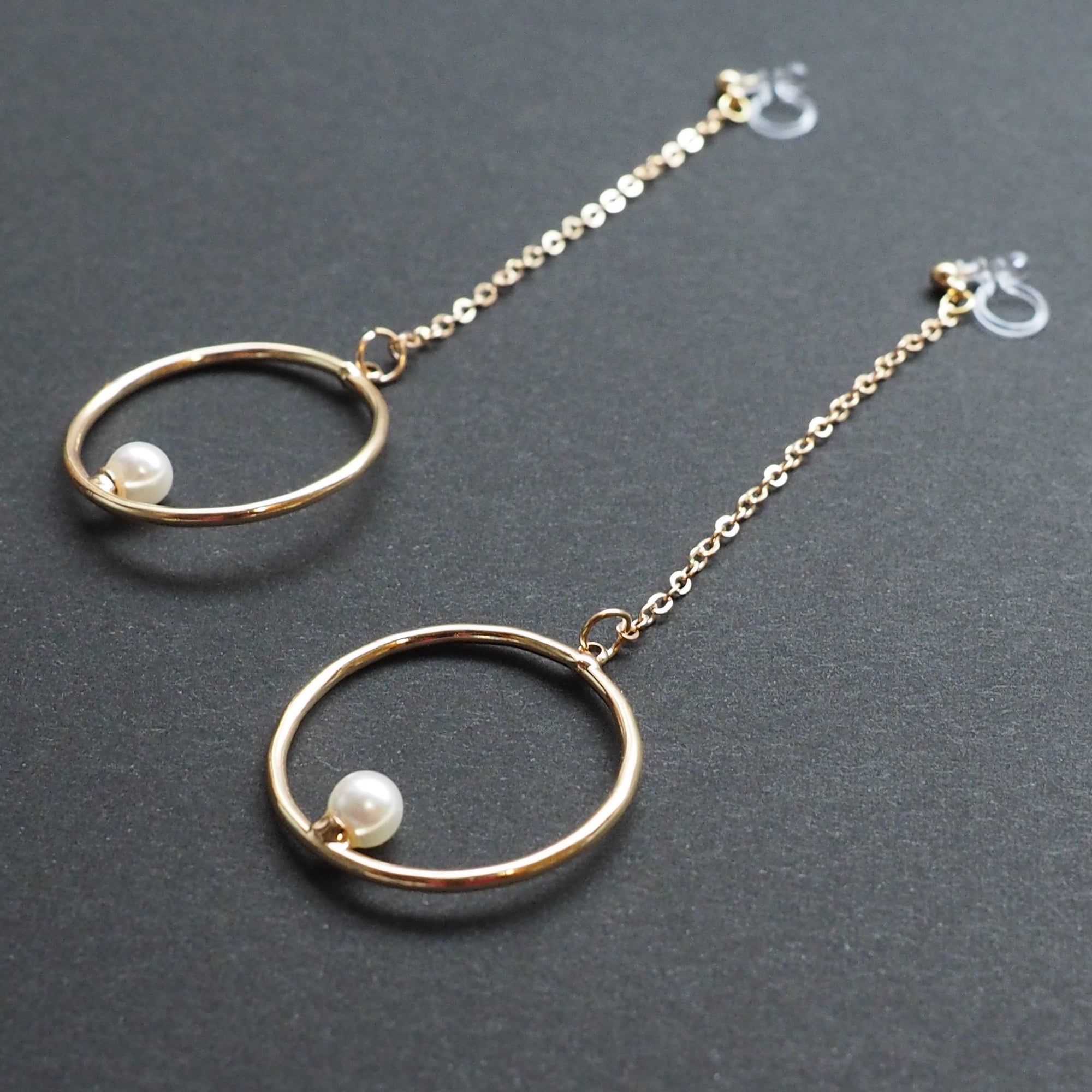 Dangle pearl on hoop invisible clip on earrings (gold tone) - miyabigracejewelry.com