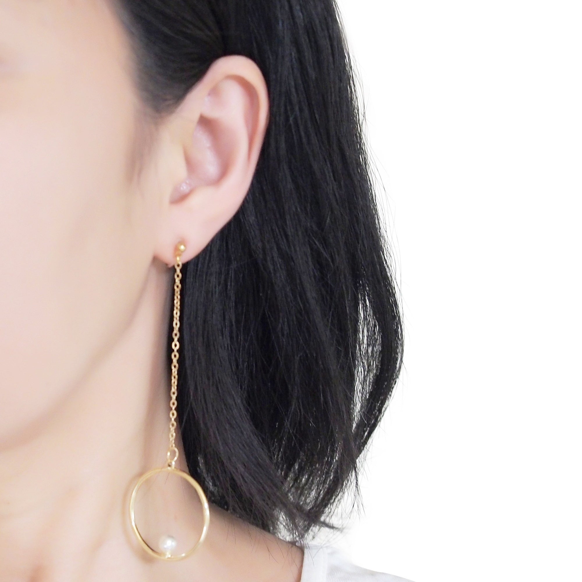 Dangle pearl on hoop invisible clip on earrings (gold tone) - miyabigracejewelry.com