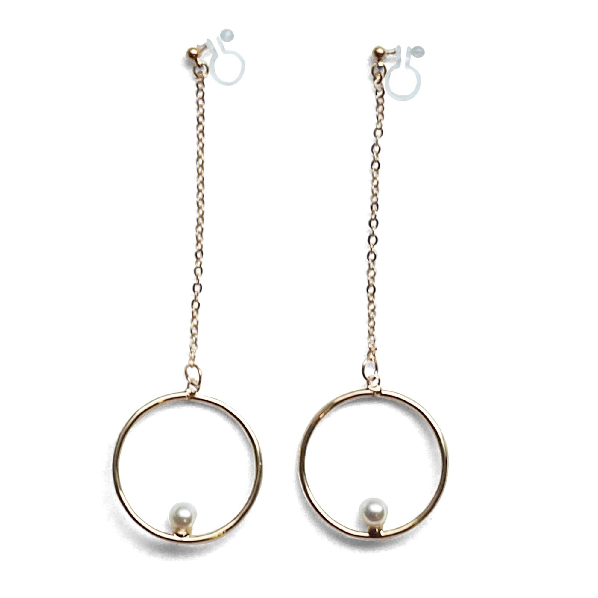Dangle pearl on hoop invisible clip on earrings (gold tone) - miyabigracejewelry.com