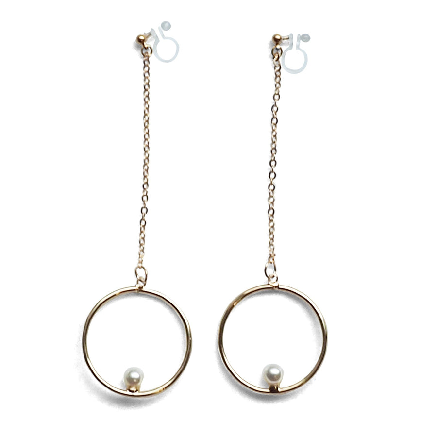 Dangle pearl on hoop invisible clip on earrings (gold tone) - miyabigracejewelry.com