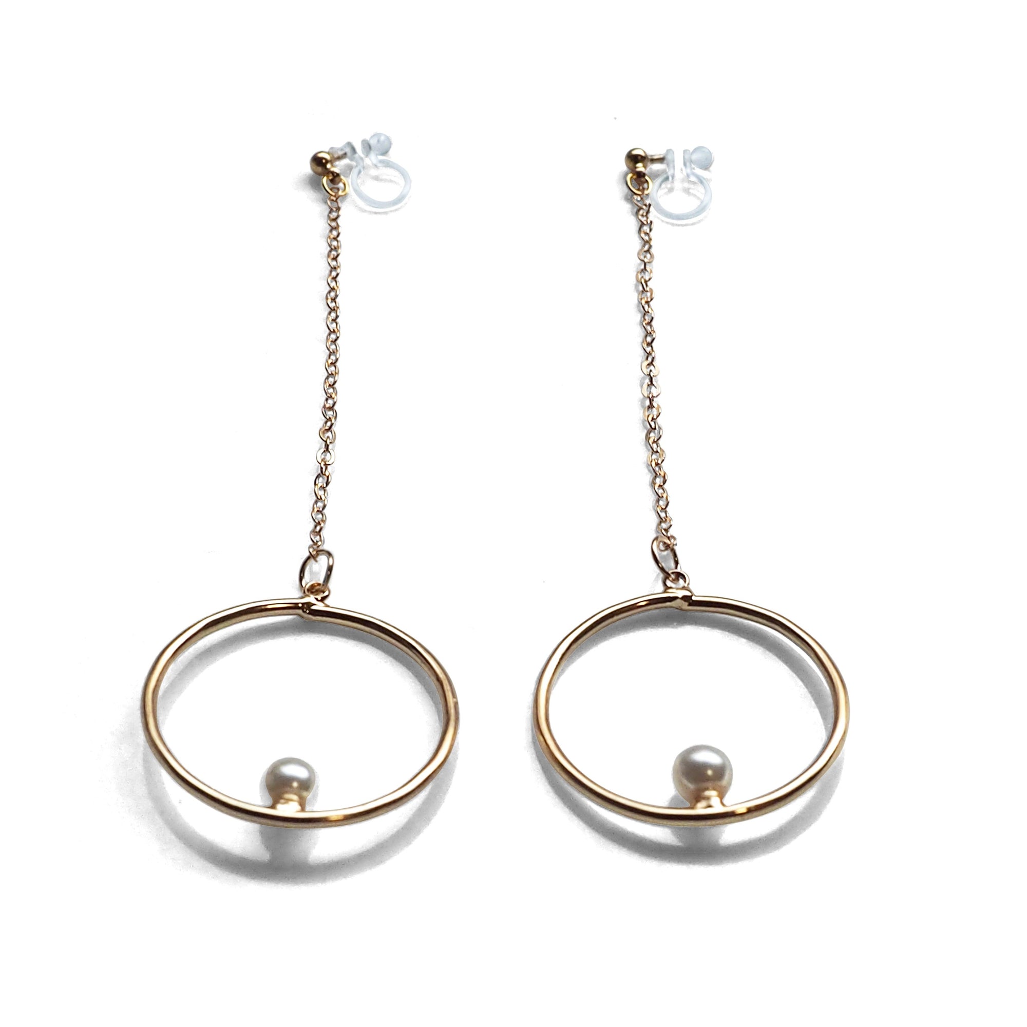 Dangle pearl on hoop invisible clip on earrings (gold tone) - miyabigracejewelry.com