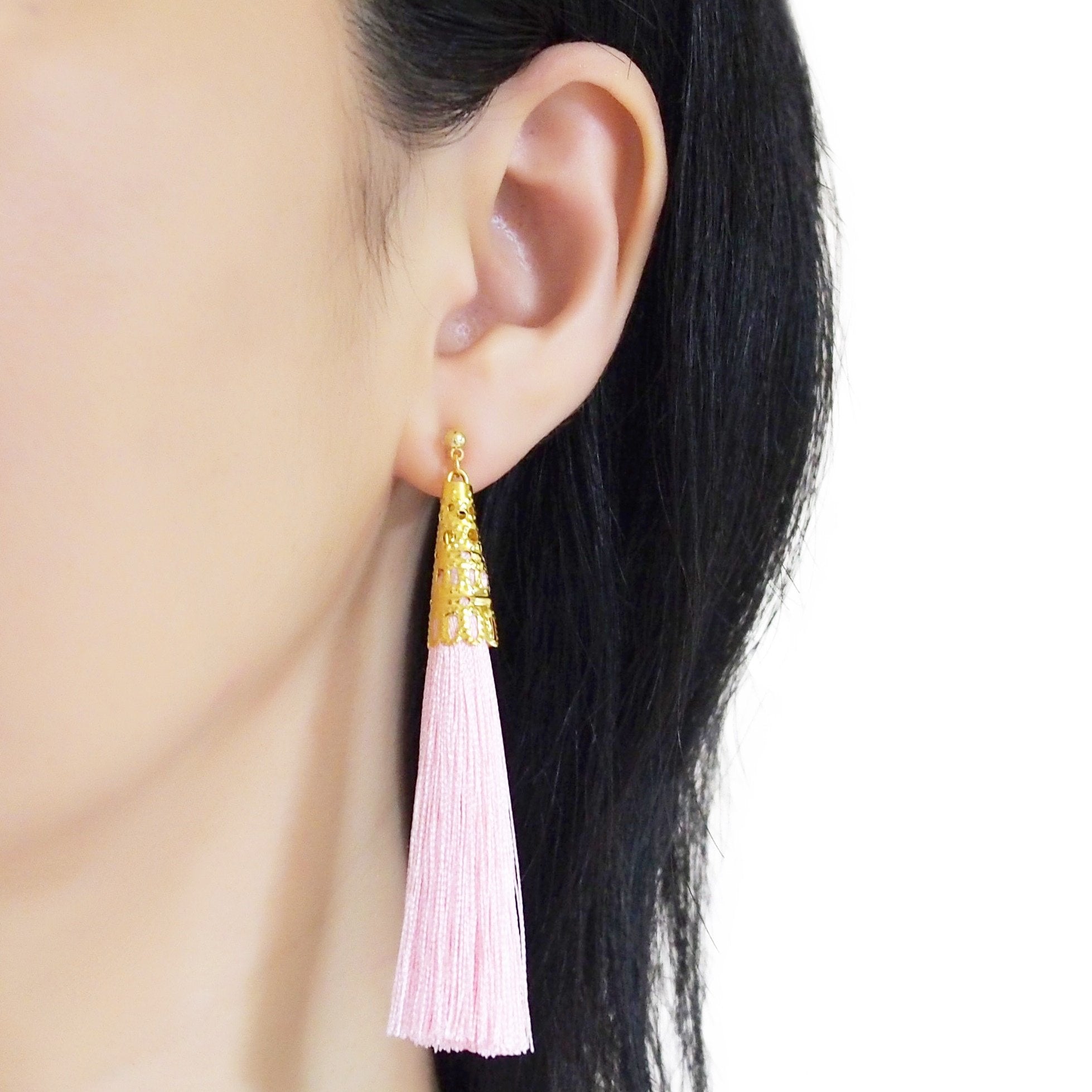 Long Pink Tassel Invisible Clip On Earrings - miyabigracejewelry.com