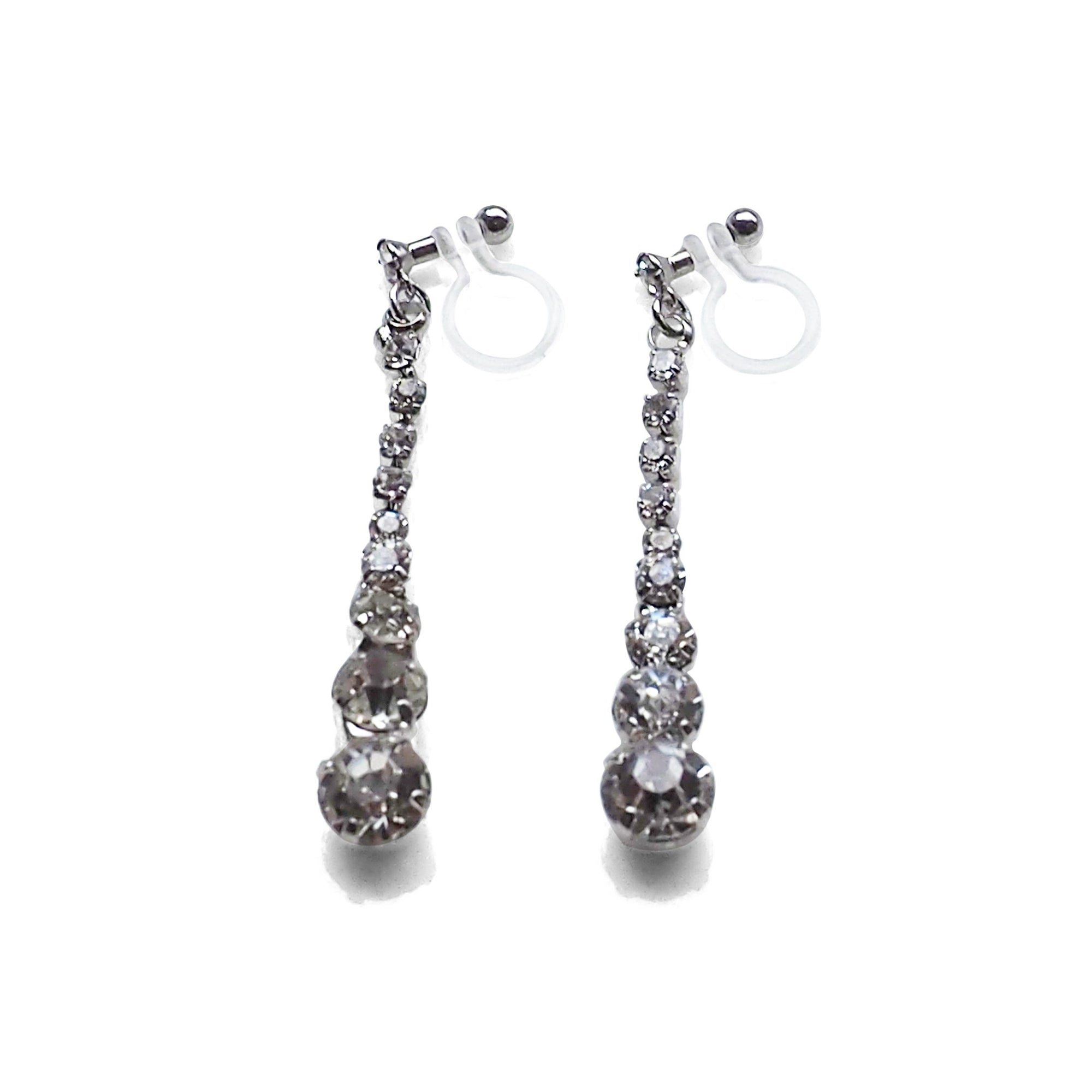 Bridal long rhinestone crystal invisible clip on earrings ( silver tone ) - miyabigracejewelry.com