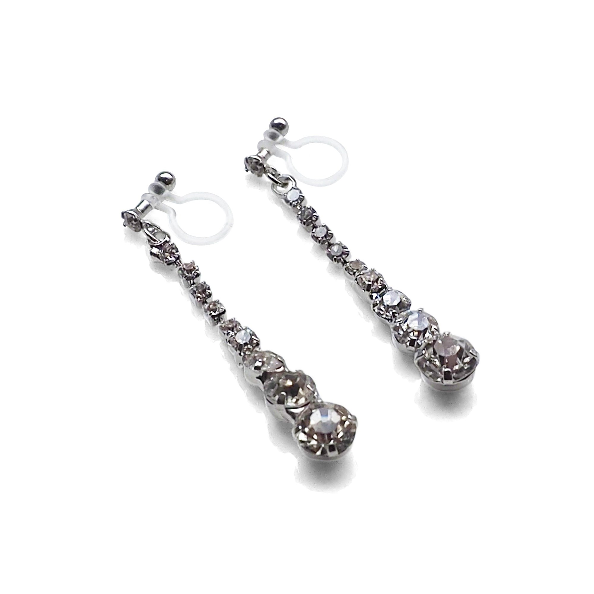 Bridal long rhinestone crystal invisible clip on earrings ( silver tone ) - miyabigracejewelry.com